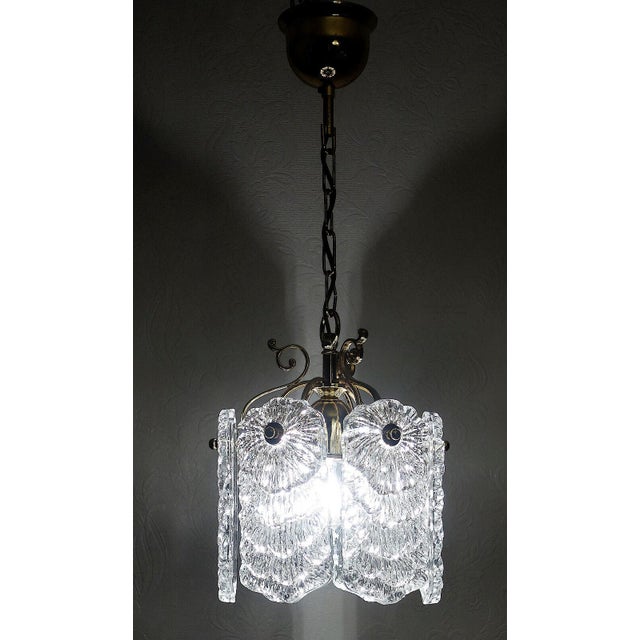 Antique Brass Metal Frosted Glass Single-Light Chandelier, 1990s For Sale - Image 4 of 8