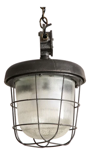 Industrial Style Cast Iron Cage Pendant Lights With Reeded Glass