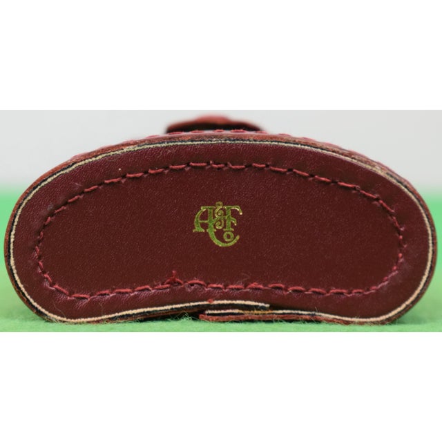 Traditional Vintage Abercrombie & Fitch Glass Flask With Leather & Navy & Burgundy Repp Stripe Silk Lining For Sale - Image 3 of 4