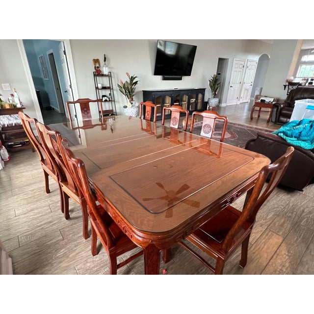 Up for sale is a beautiful, heavy-duty traditional Chinese solid rosewood dining set in excellent condition! Crafted with...