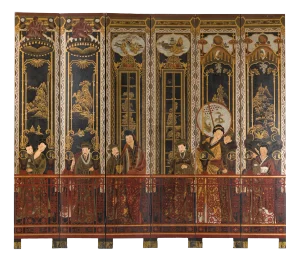 Late Qing Lacquered Six-Panel Screen with Gilded Figures and Scenic Motifs