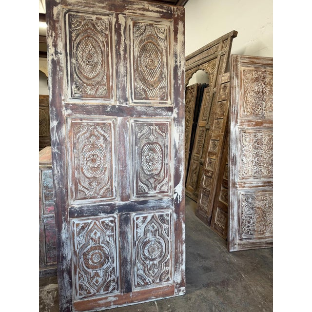 1920s Distressed White Floral Carved Wood Sliding Barn Doors – Vintage Style 84x36 For Sale - Image 5 of 6