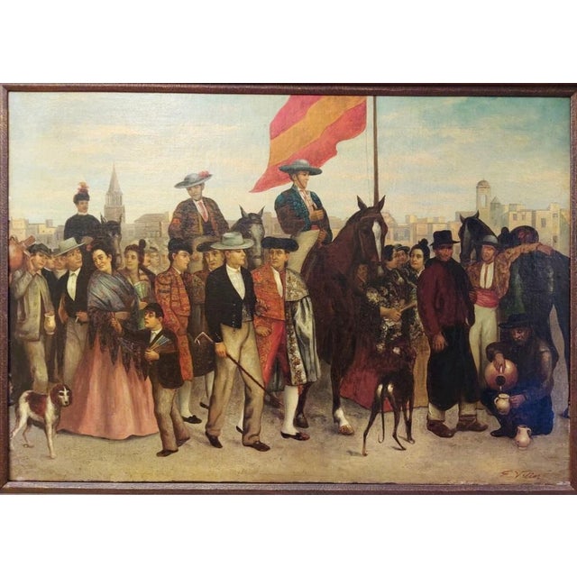 This early 19th century oil painting on canvas is signed lower right. E. Velier. The oil painting depicts a matador...