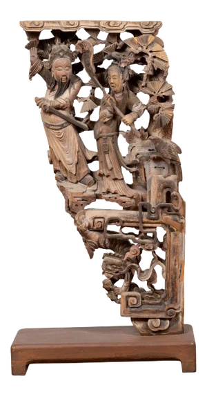 Chinese Shanxi 1840s Hand Carved Wooden Corbel with Deities Mounted on Base