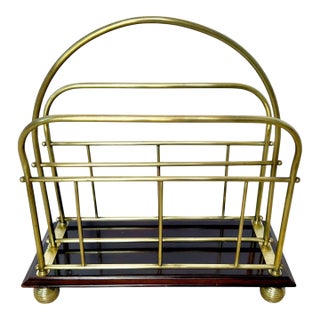 English Victorian Brass Wood Newspaper Magazine Rack For Sale