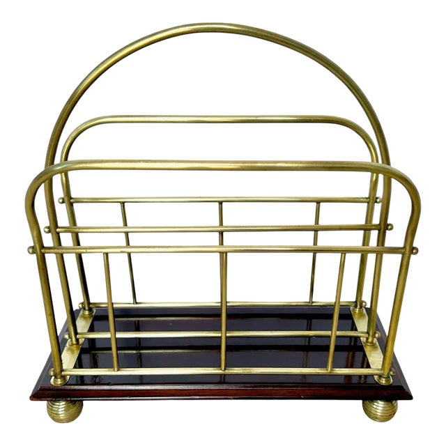 English Victorian Brass Wood Newspaper Magazine Rack For Sale