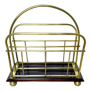 English Victorian Brass Wood Newspaper Magazine Rack