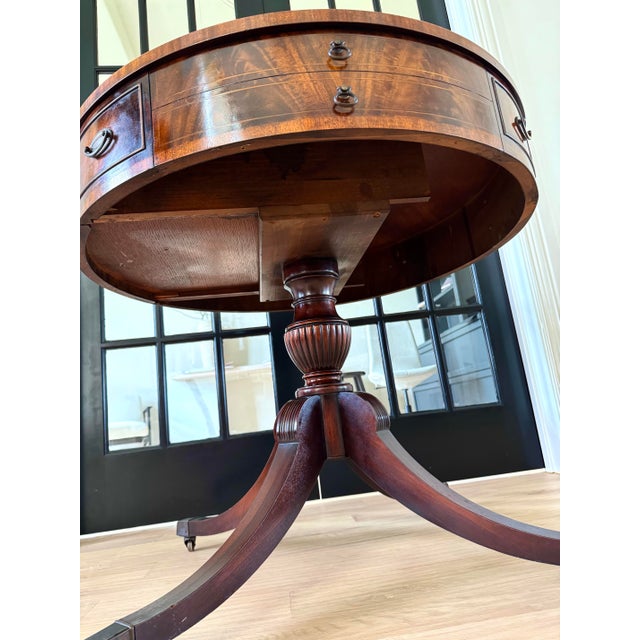Grand Vintage Regency Drum Table – Mahogany Finish Library & Living Room Accent For Sale - Image 10 of 12
