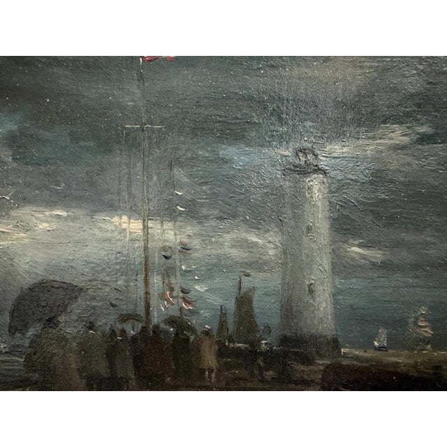 Meyer Wiegand Rolf Dieter, North Sea Harbor Pier with Lighthouse in the Rain, 1970, Oil on Canvas For Sale - Image 9 of 13