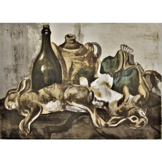 This artwork titled "Nature Morte aux Lapins" (Still Life with Rabbits) c. 1950 is an original color lithograph on Arches...
