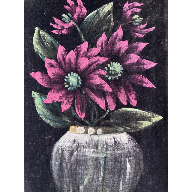This vintage original painting is painted on velvet, showing red flowers in a white glass vase against a deep black...