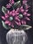 This vintage original painting is painted on velvet, showing red flowers in a white glass vase against a deep black...