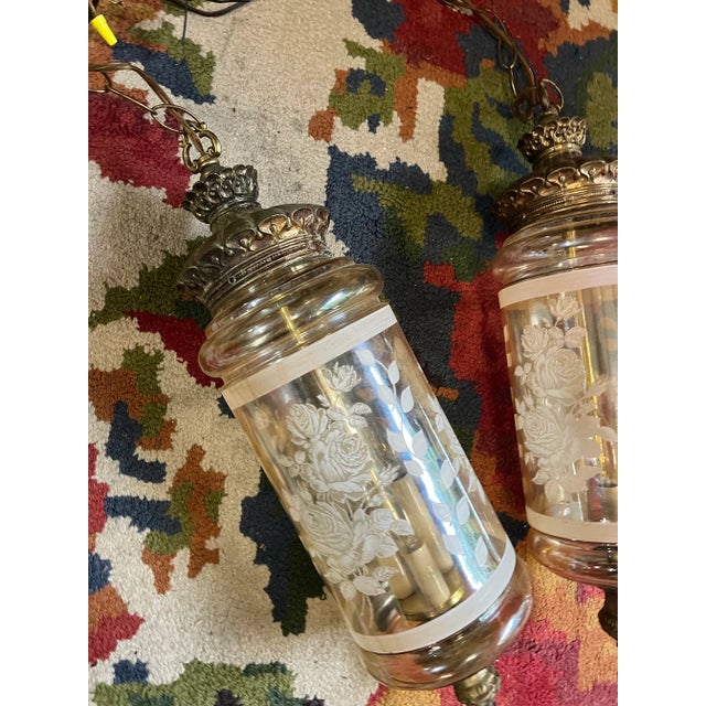Brass Pair of 1970s Glass Pendant Lights With Floral and Brass Accents For Sale - Image 8 of 12