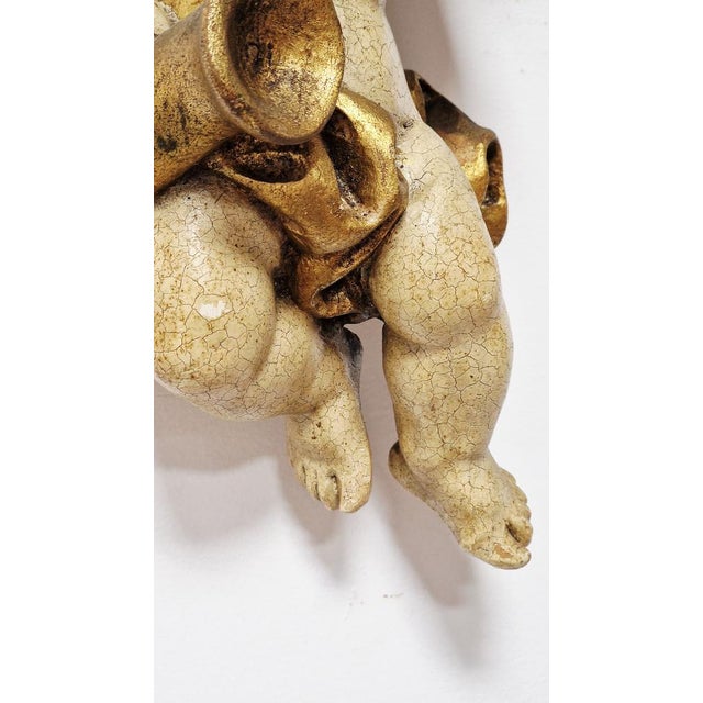 Winged Putto Playing the Wind Instrument Carved in Wood, Early 1900s For Sale - Image 16 of 17