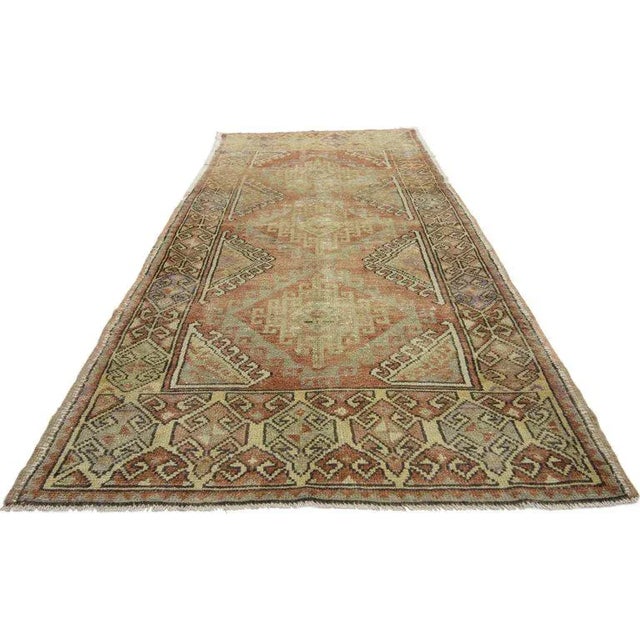 distressed vintage Turkish Oushak runner, Tribal style Hallway runner. This hand knotted wool vintage Turkish Oushak...