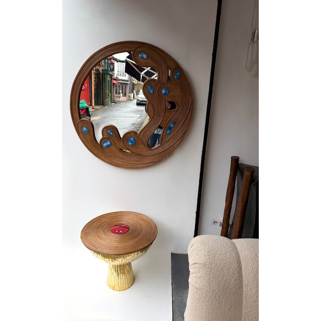 Wood Contemporary Mirror Rattan Marquetry and Enamel Metal. Italy For Sale - Image 7 of 12