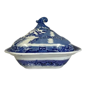 Antique Crown Pottery Blue Willow Covered Serving Dish From England - Circa 1900