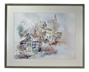 Jean Sorensen, Landscape with Houses, large watercolor, Circa 1970