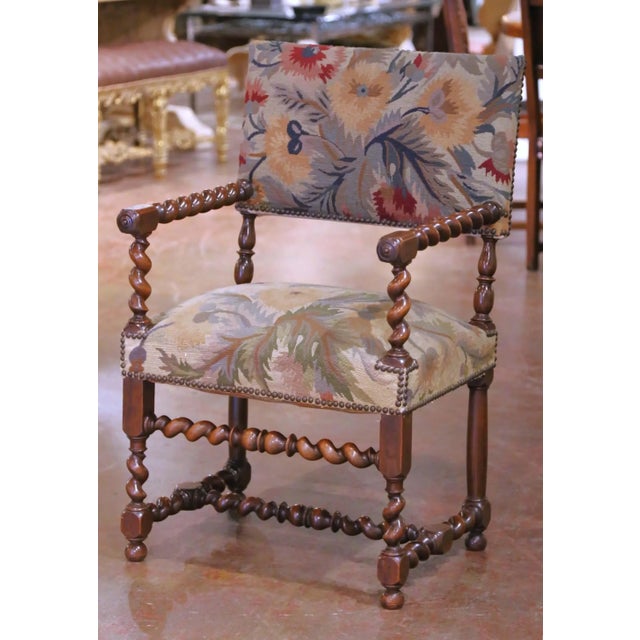 Pair of 19th C. French Louis XIII Walnut Armchairs With Aubusson Upholstery For Sale In Dallas - Image 6 of 14