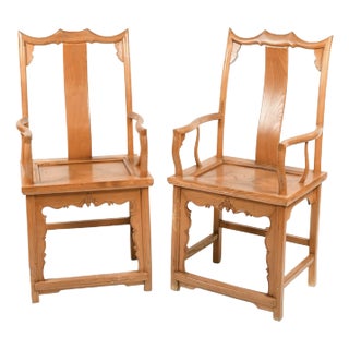 Antique Qing Dynasty Golden Elm Wood Chinese Official's Chairs With Bats, a Pair For Sale