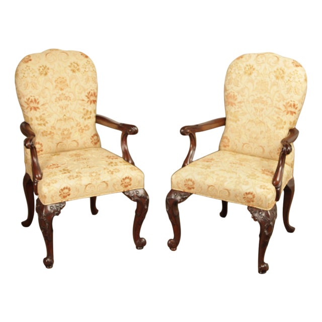 Henredon Scroll and Floral Upholstered Cabriole Leg Armchairs For Sale