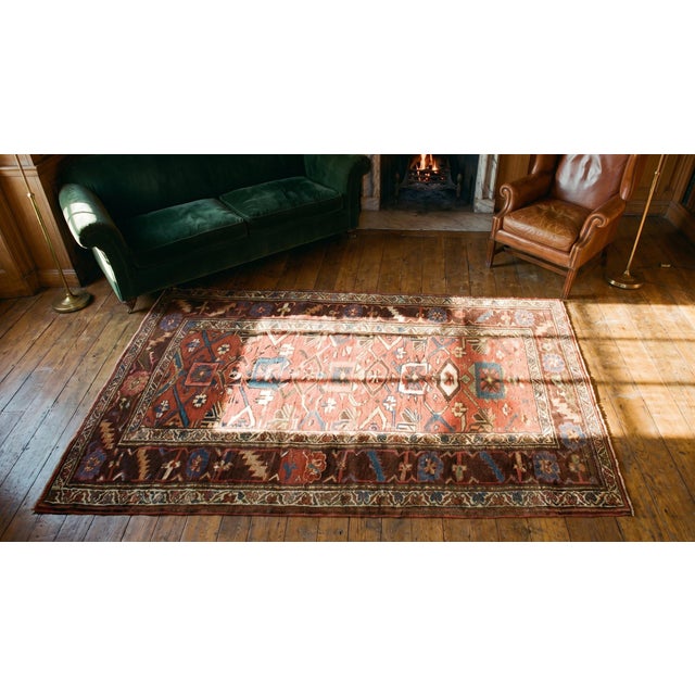Textile 1890s Red Coral Rustic Geometric Antique Persian Bijar Rug 4'3" X 6'10" Handknotted Wool Carpet For Sale - Image 7 of 9