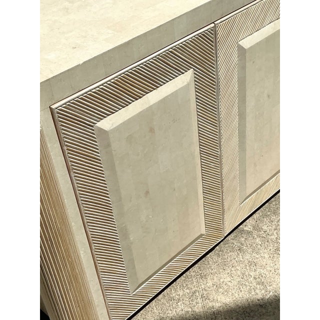 Late 20th Century Vintage Washed Pencil Reed Credenza With Travertine Top For Sale - Image 5 of 12
