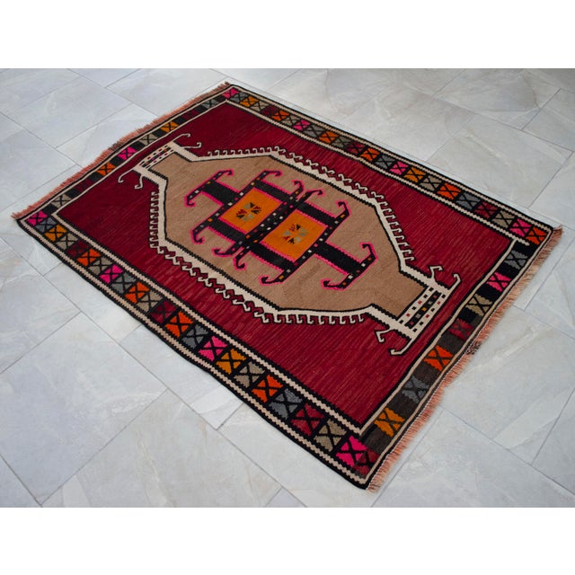 Authentic Kars Kilim Rug, Red and Earth Tone Turkish Rug, Small Living Room Kilim, Rare Personal Village Weave, 1970s Anatolian Rug 4x5 Ft Approx For Sale - Image 16 of 16