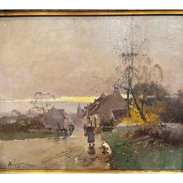 A quiet autumn day unfolds in this atmospheric antique oil painting of rural French life. Crafted in France circa 1890,...