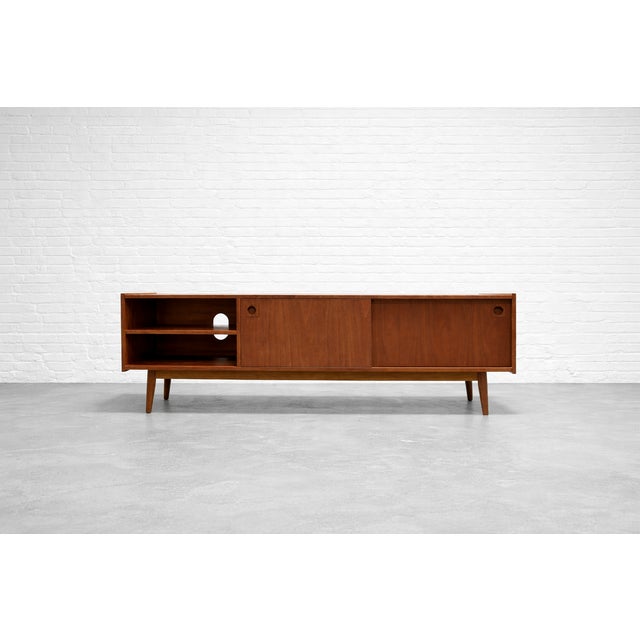 Contemporary Modern Walnut Credenza / Media Console | Minimalist Sliding Door Sideboard For Sale - Image 3 of 7