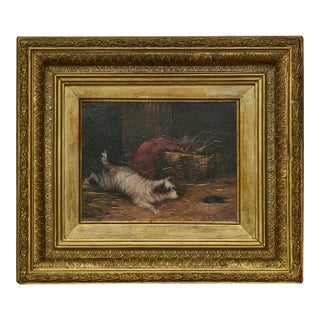 J. Langlois Oil on Board Dog Painting of a Terrier Chasing a Mouse in Gilt Frame For Sale