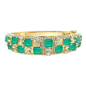 Mid 20th Century Square Cut Emerald and Baguette Diamond Bangle in 18k Yellow Gold