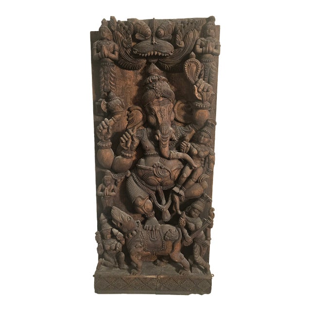 1960s Monumental Hand-Carved Ganesha Temple Panel in High Relief, Sculptural Wall Statement For Sale