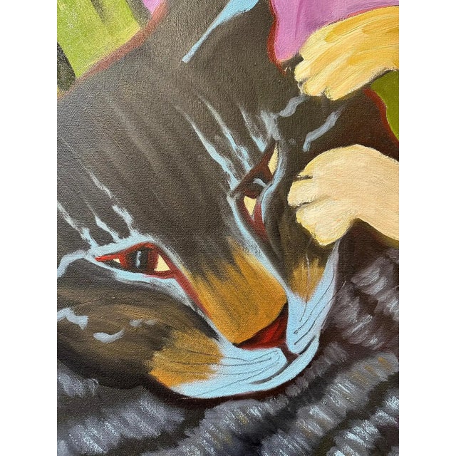 Marc Zimmerman "Paws in Play" Oil Painting, Two Cats in Tropical Jungle, Black and Gold Cats, Pink Hibiscus, Contemporary Art West Coast For Sale - Image 4 of 9