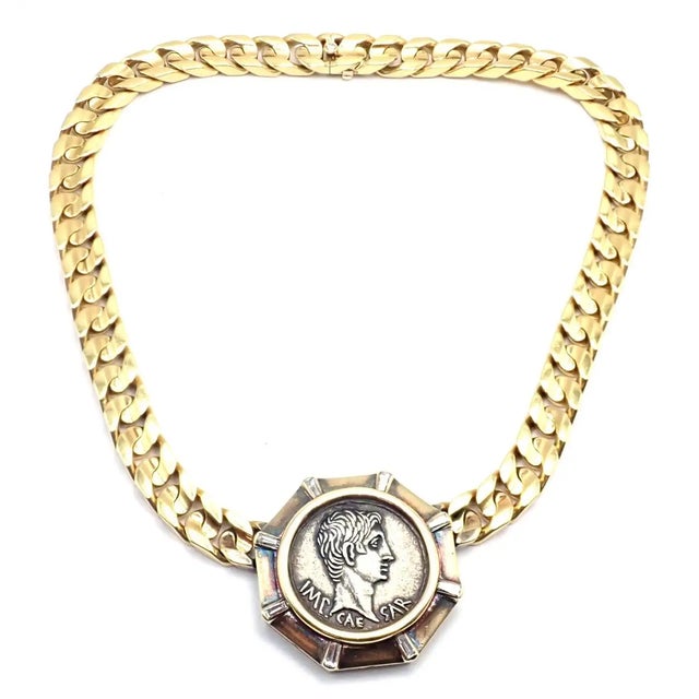 18k yellow gold and diamonds ancient coin of Roman Emperor Augustus on a link chain necklace by Bulgari. With Avgustus C....