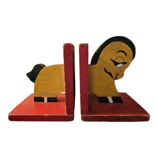 Vintage Wood Folk Art Children’s Horse/Pony Bookends- Set of 2 For Sale