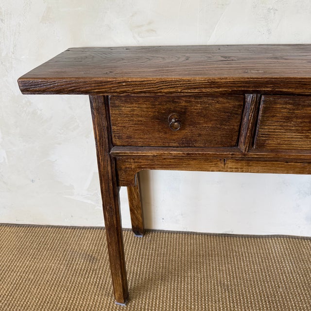 Vintage Reclaimed Elm Wood 4 Drawer Console C. 1920 For Sale - Image 9 of 12