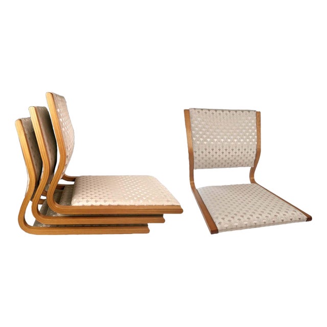 Mid 20th Century Four Japanese Tatami Bentwood Chair With Silk Brocade Cushions For Sale