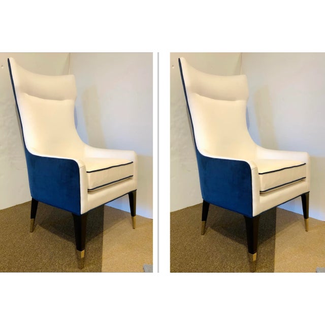 Caracole Couture Modern Navy Blue Velvet and White Linen Chairs - a Pair For Sale - Image 9 of 9