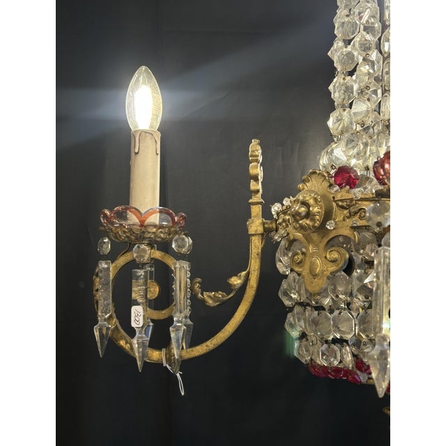 Traditional Gilt Bronze and Crystal 4-Light Chandelier with Enameled Glass Decoration, Early 20th Century For Sale - Image 3 of 12