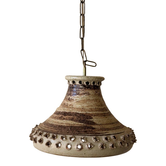 Vintage Danish Ceramic Pendant Light 1970s Scandinavian Hanging Lamp Textured Glaze For Sale