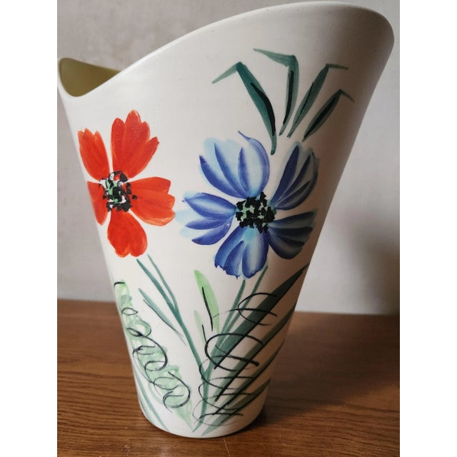 Vintage French Wide Neck Vase with Hand-Painted Flowers and Yellow Interior from Vallauris, 1960s For Sale - Image 3 of 11