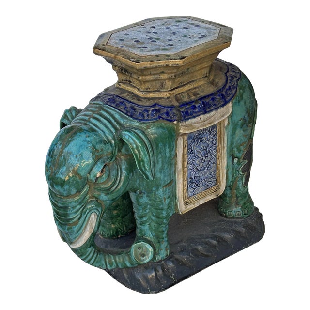 Ceramic Handmade Chinese Green Blue Oriental Elephant Pedestal Figure For Sale