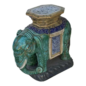 Ceramic Handmade Chinese Green Blue Oriental Elephant Pedestal Figure