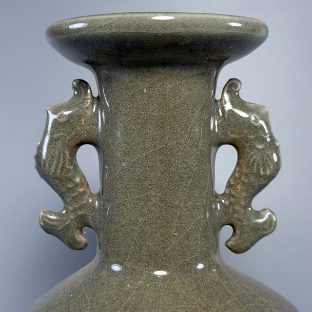 Antique Chinese Longquan Celadon Vase With Twin Fish-Dragon Handles For Sale - Image 4 of 9