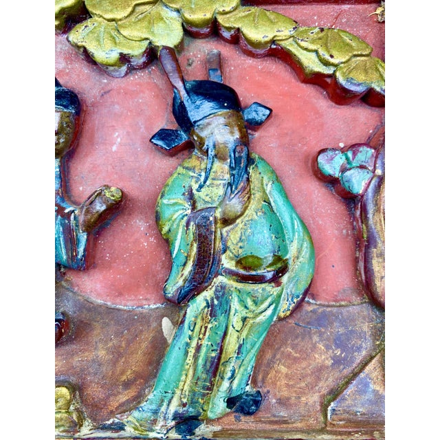 Red Rare Set of 3 Antique Chinese Gilt Wood Carved Panels | Qing Dynasty Chinoiserie Wall Art For Sale - Image 8 of 17