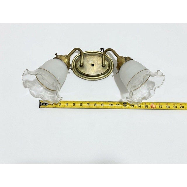 Late 20th Century Neoclassical Brass Two-Light Wall Sconce Etched Glass Shades For Sale In Pittsburgh - Image 6 of 7