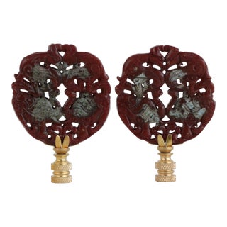 Lucky Elephant Carved Stone Lamp Finials - a Pair For Sale