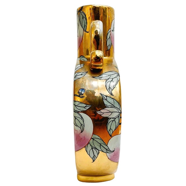 Ceramic Mid 20th Century Chinese Gold Mirrored Moon Flask Vase With Pink Peaches For Sale - Image 7 of 9