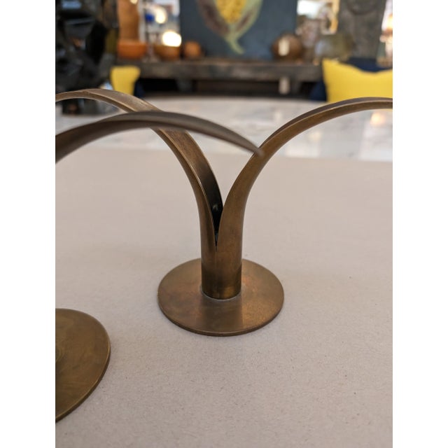 Ystad-Metall 1950s Ivar Åhlenius Björk Ystad Metall Liljan Brass Candelsticks - a Pair For Sale - Image 4 of 10